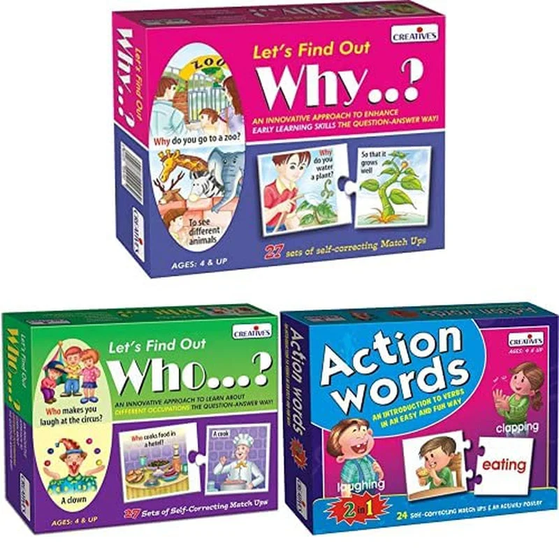 Let's Find Out Who Puzzle, Let's Find Out Why and Action Words Puzzle (Set of 3)